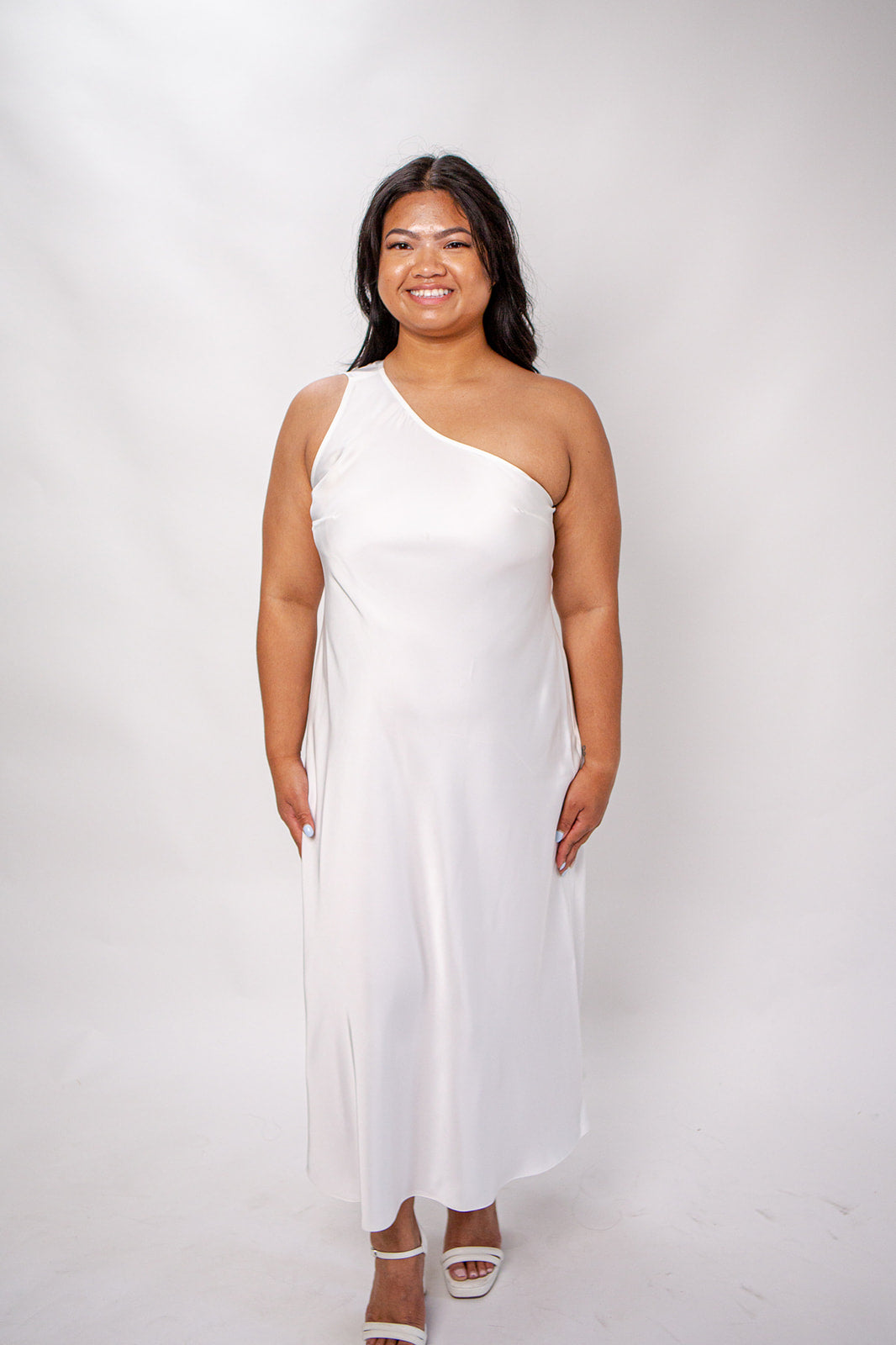 white one shoulder dress plus size Elegant One-Shoulder Silk Maxi Dress Champagne / L