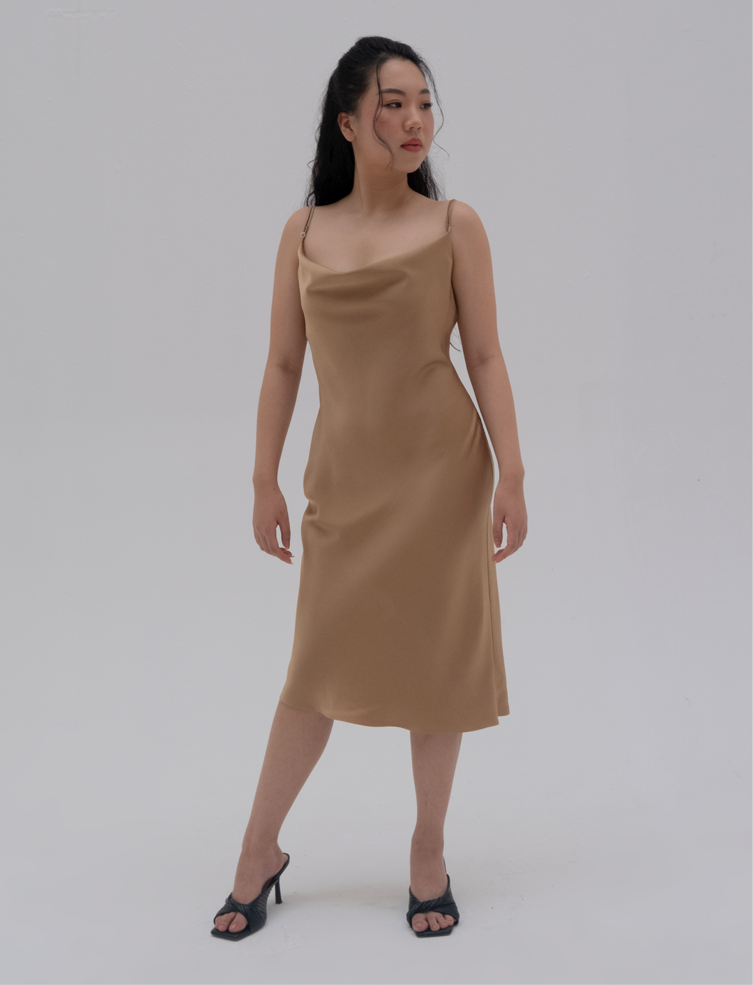 silk cowl neck midi dress Cowl Neck Satin Midi Dress