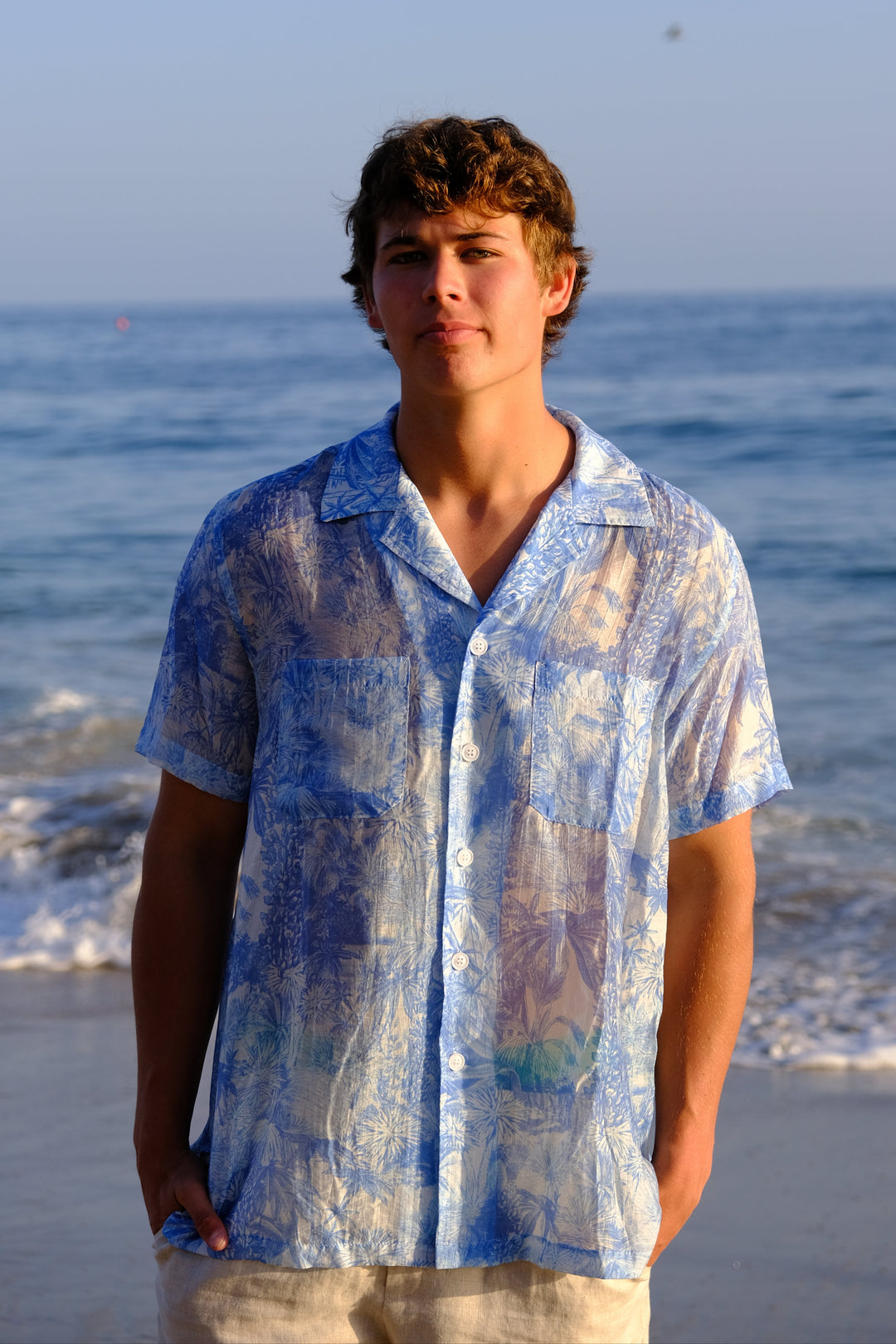 Mens 100% Linen Collared Button Down Shirt Blue Palm Trees / S Mens 100% Linen Collared Button Down Shirt Blue Palm Trees / S