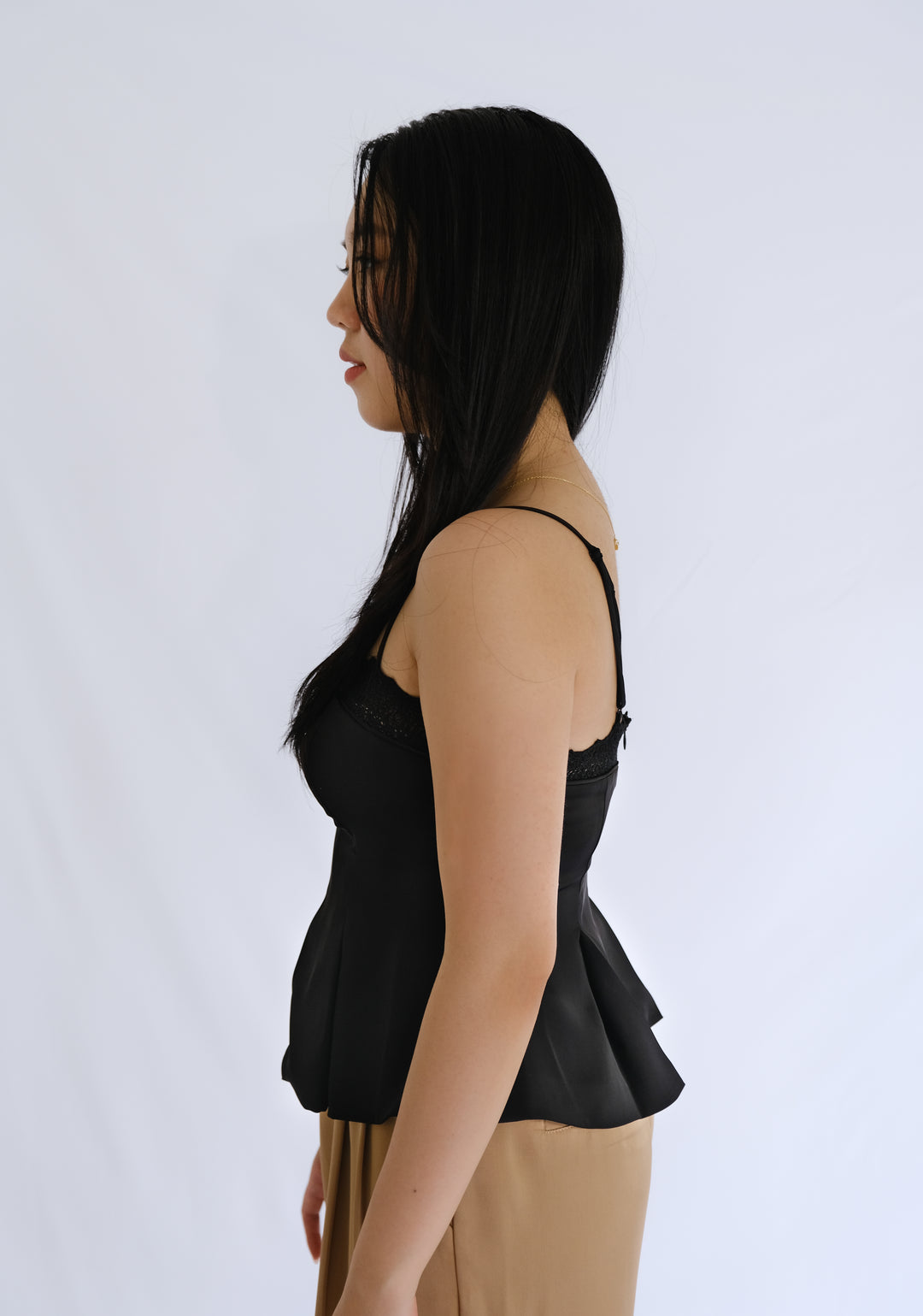 Nancy Silk Peplum Top with Lace Detail