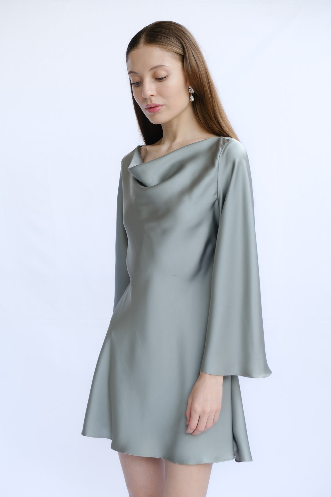 Cowl Neck Long Sleeve A-Line Mini Dress All Bodies Cowl Neck Long Sleeve A-Line Mini Dress All Bodies