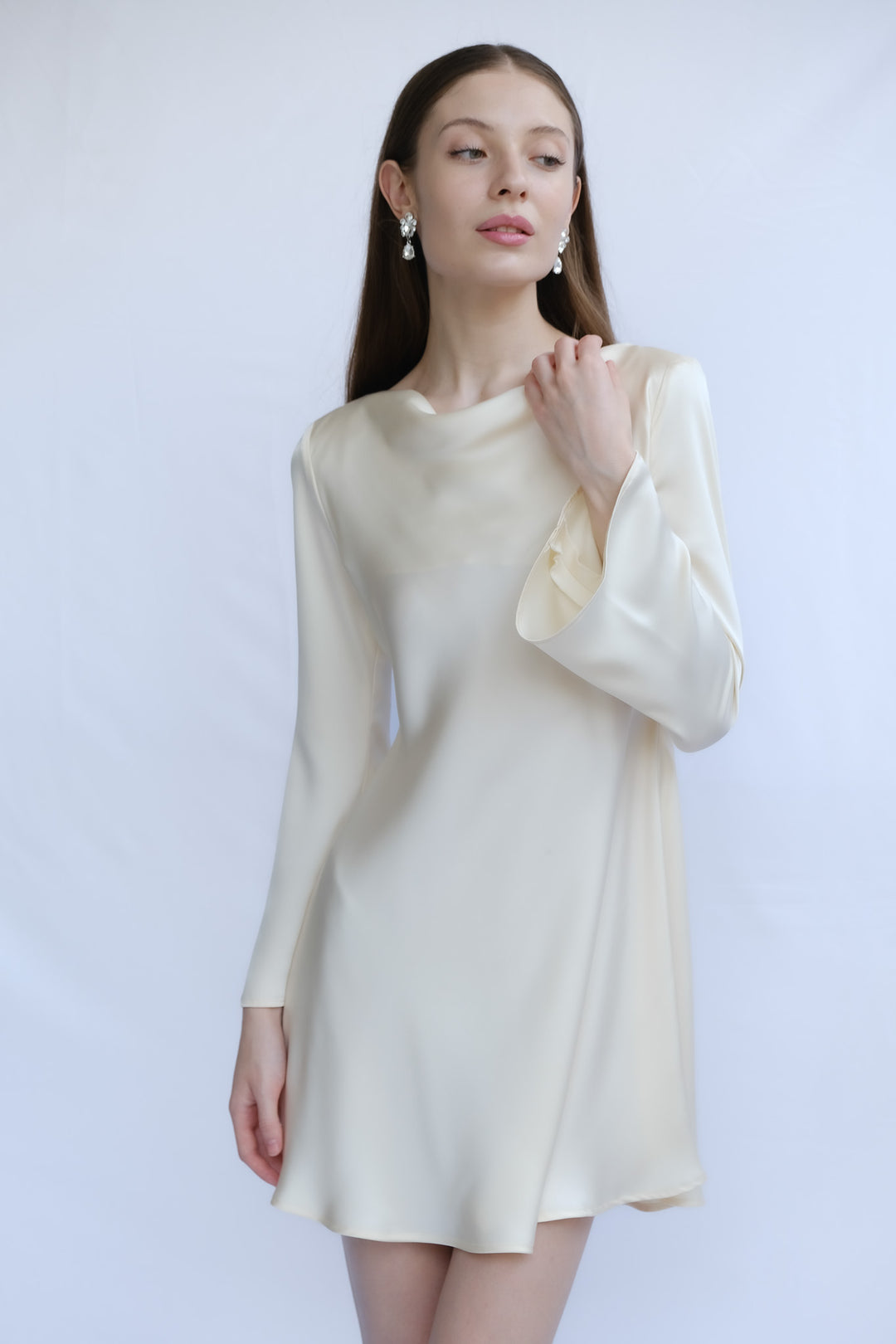 Cowl Neck Long Sleeve A-Line Mini Dress Beige / M Cowl Neck Long Sleeve A-Line Mini Dress Beige / M