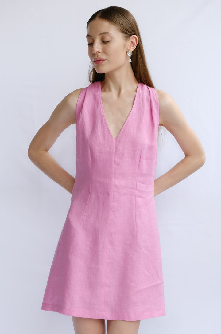 PTO 100% Linen V-Neck Mini Dress