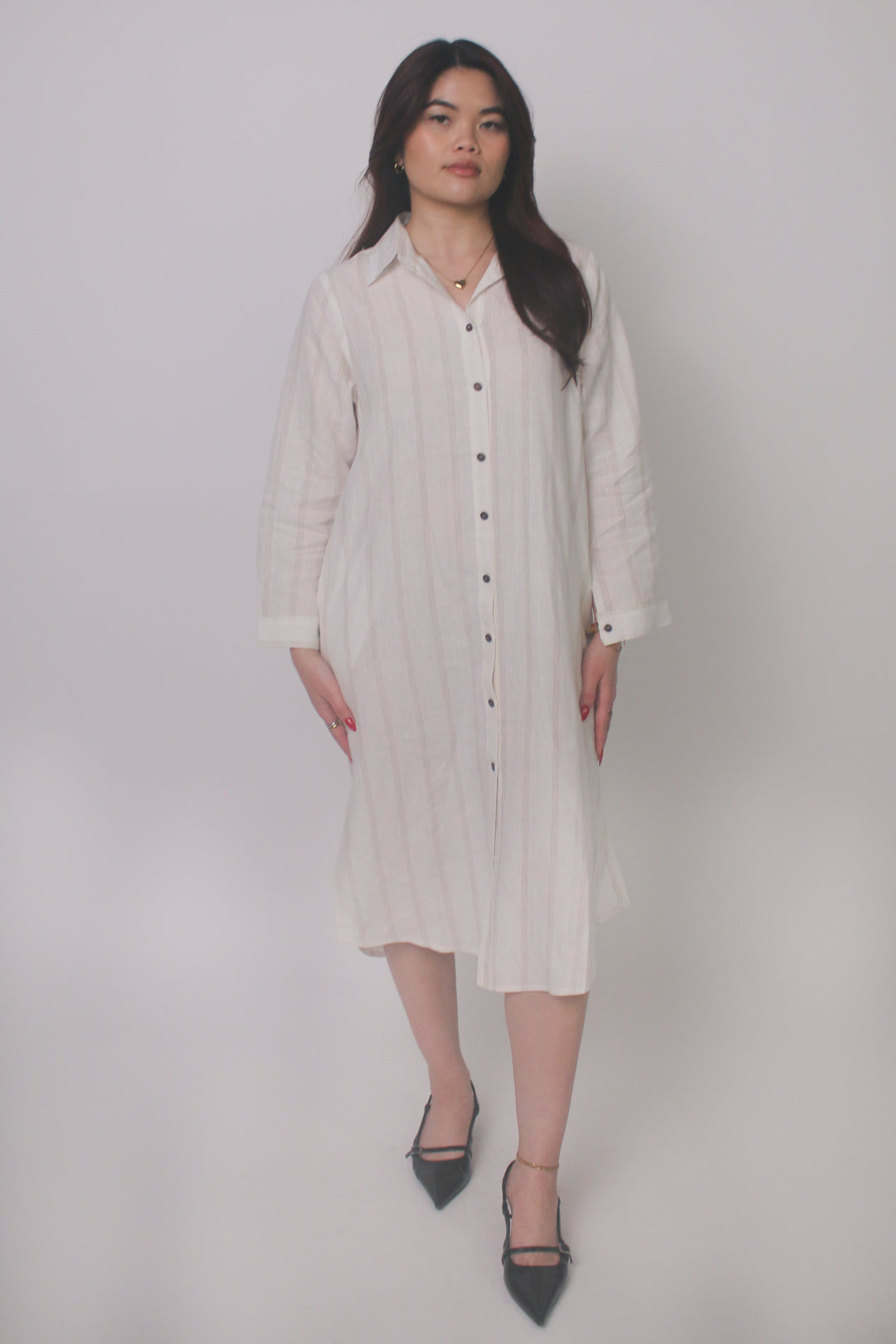 Relaxed 100% Linen Shirt Dress Beige Stripe / One size Relaxed 100% Linen Shirt Dress Beige Stripe / One size