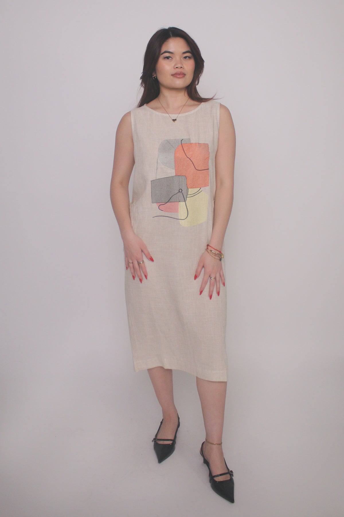 Abstract Print Linen Blend Midi Dress White Pepper / M Abstract Print Linen Blend Midi Dress White Pepper / M