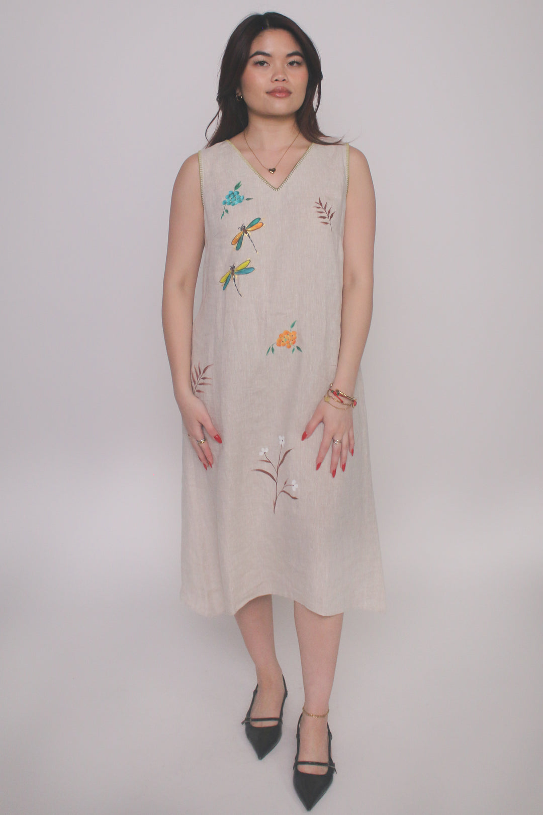 Hand-Painted 100% Linen Dress Olive / One Size Hand-Painted 100% Linen Dress Olive / One Size