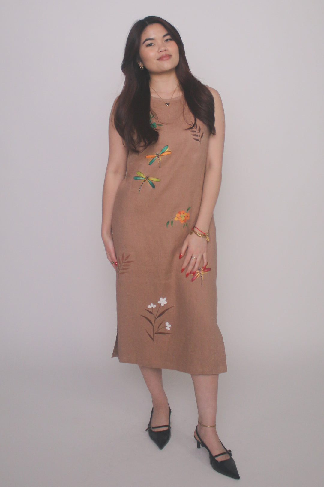 hand painted linen dress Yori Handpainted Wavy Ruffle Babydoll Dress in Silk Linen Blend S