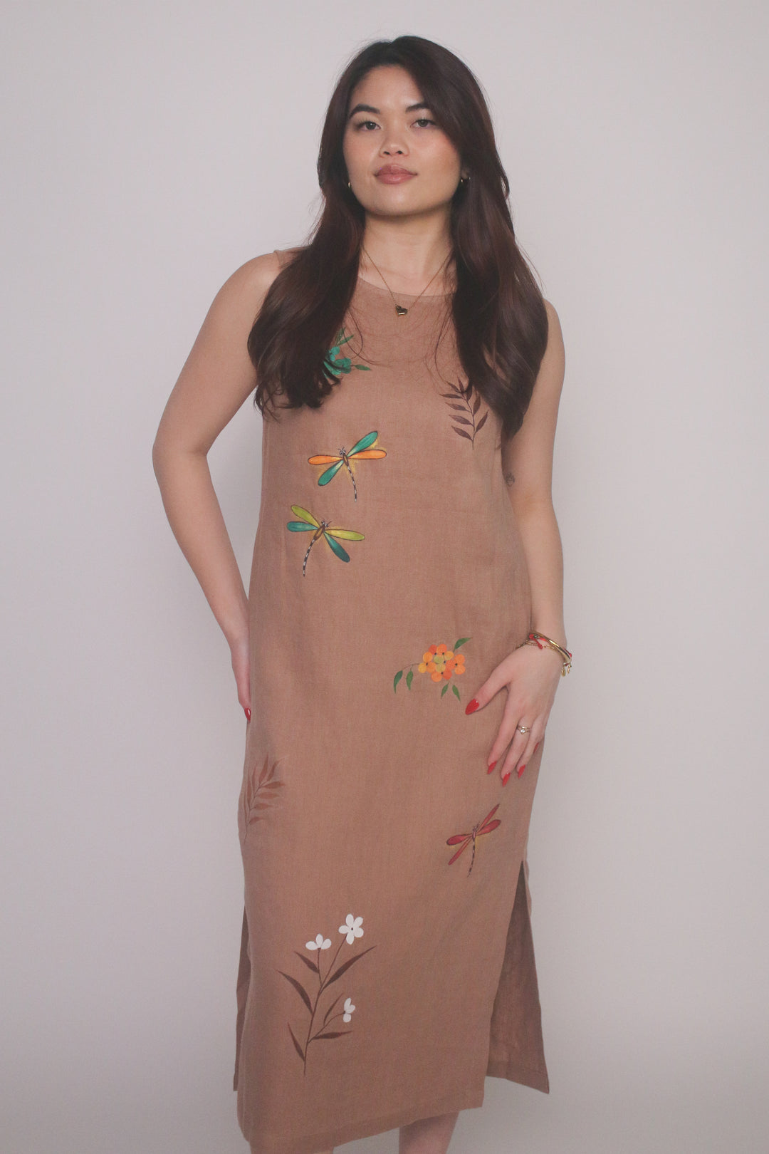 Hand-Painted 100% Linen Dress Olive / One Size Hand-Painted 100% Linen Dress Olive / One Size
