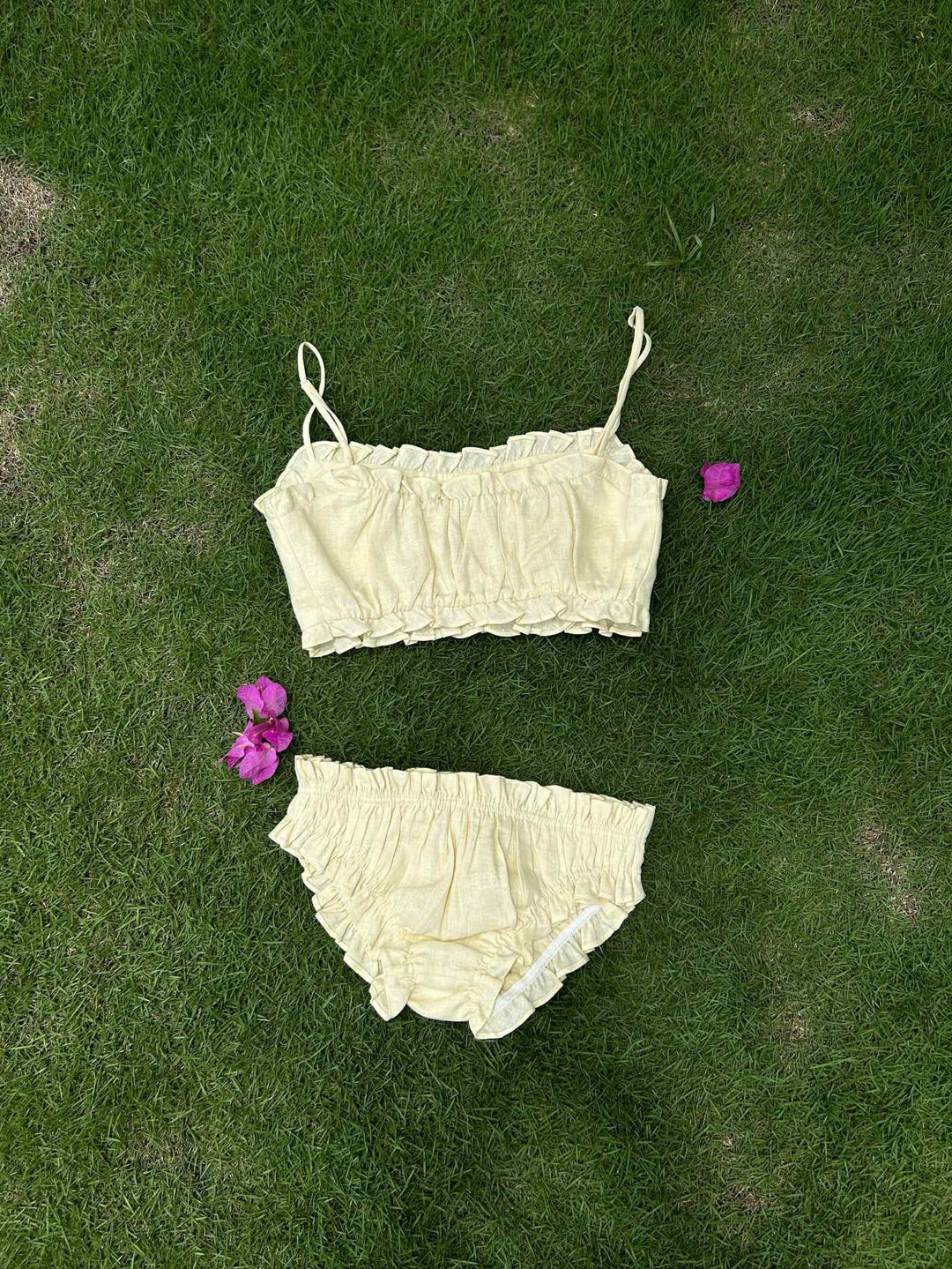 100% Linen Ruffle Panty and Bralette Set