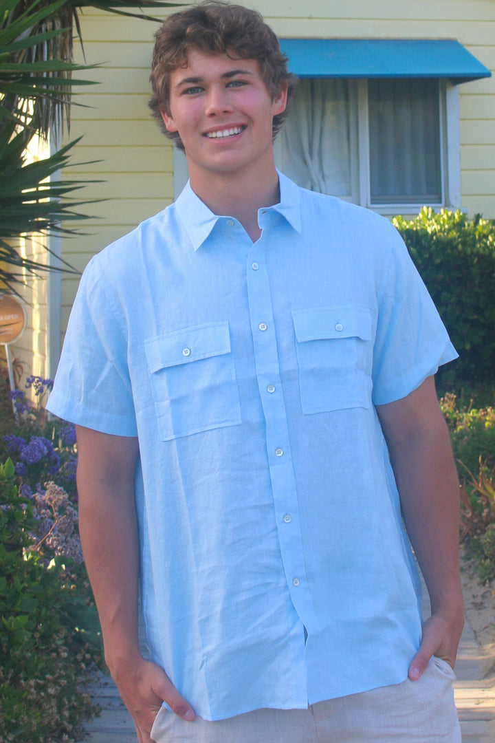 Men's 100% Linen Chest Pocket with Button Flaps Shirt