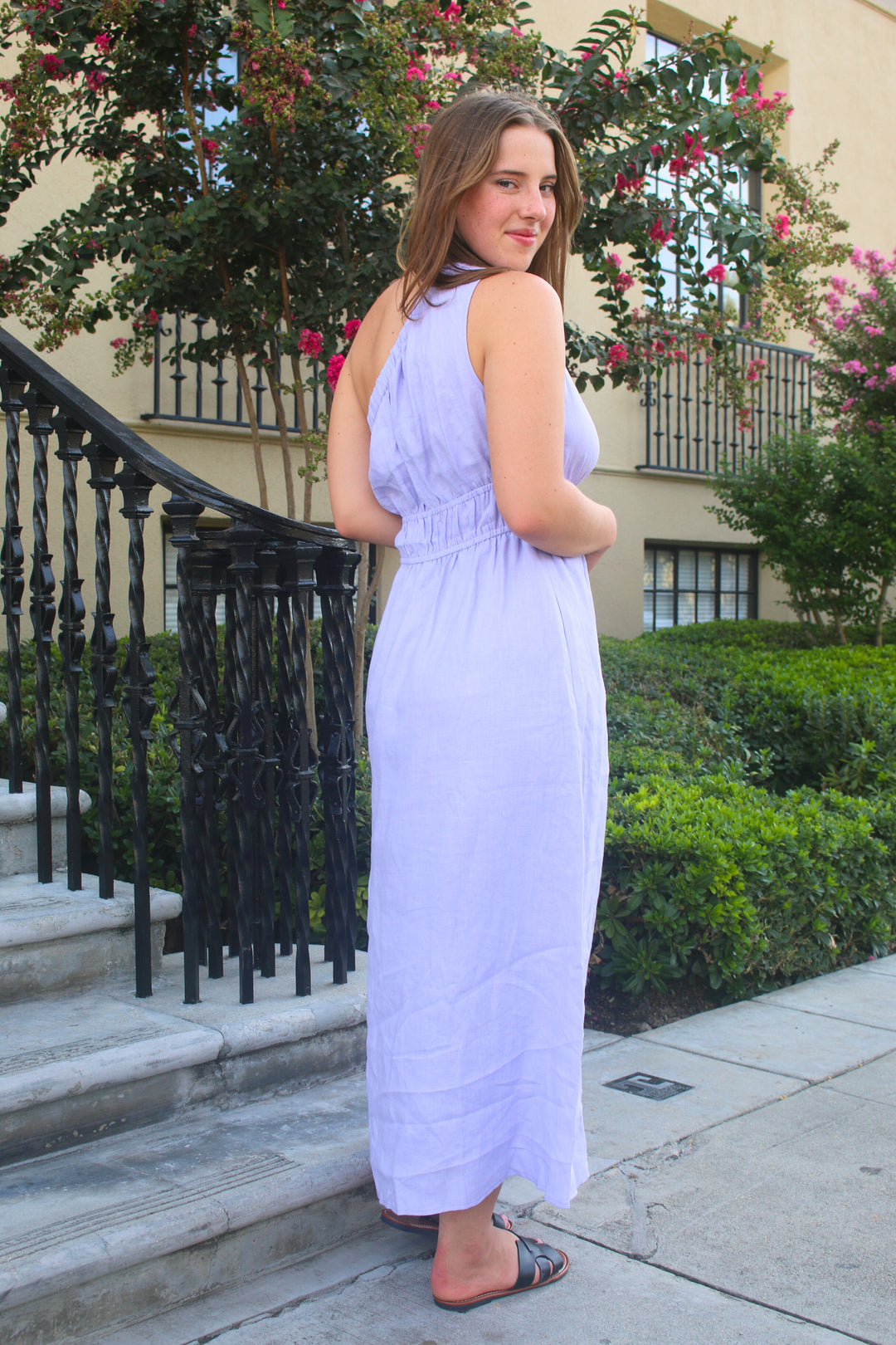 100 linen maxi dress 100% Linen Gathered Waist Women Self-Tie Belt Maxi Dress, Light Green Tea / XXS