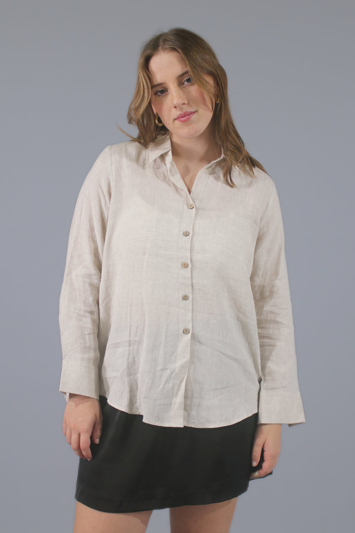 Michelle Long-Sleeve Button-Up Collared 100% Linen Dress Shirt