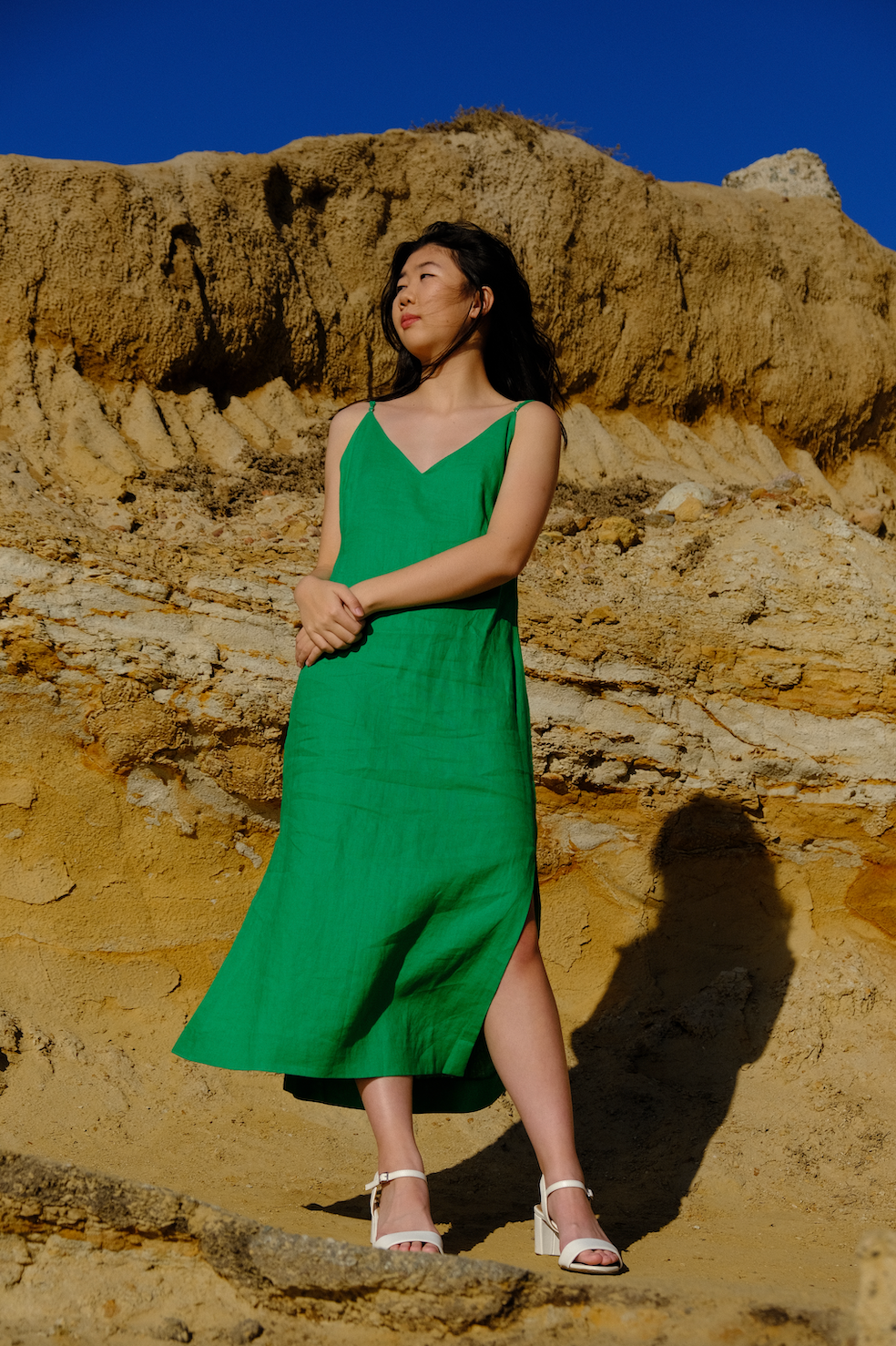V-Neck 100% Linen Maxi Dress for Women Green / S V-Neck 100% Linen Maxi Dress for Women Green / S