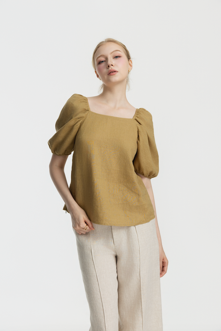 Linen Puff Sleeve Square Neck Blouse | Macy (long)
