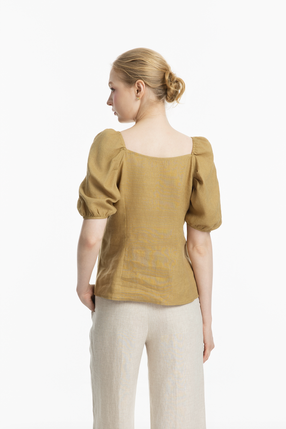 Linen Puff Sleeve Square Neck Blouse | Macy (long)