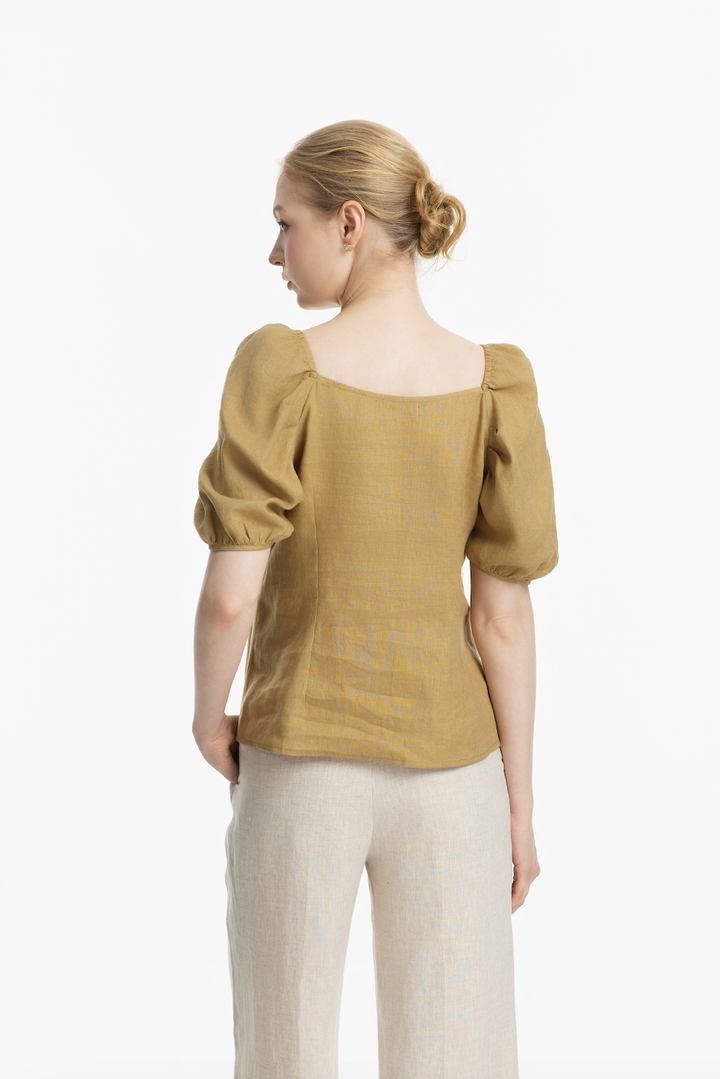 Linen Puff Sleeve Square Neck Blouse | Macy (long)