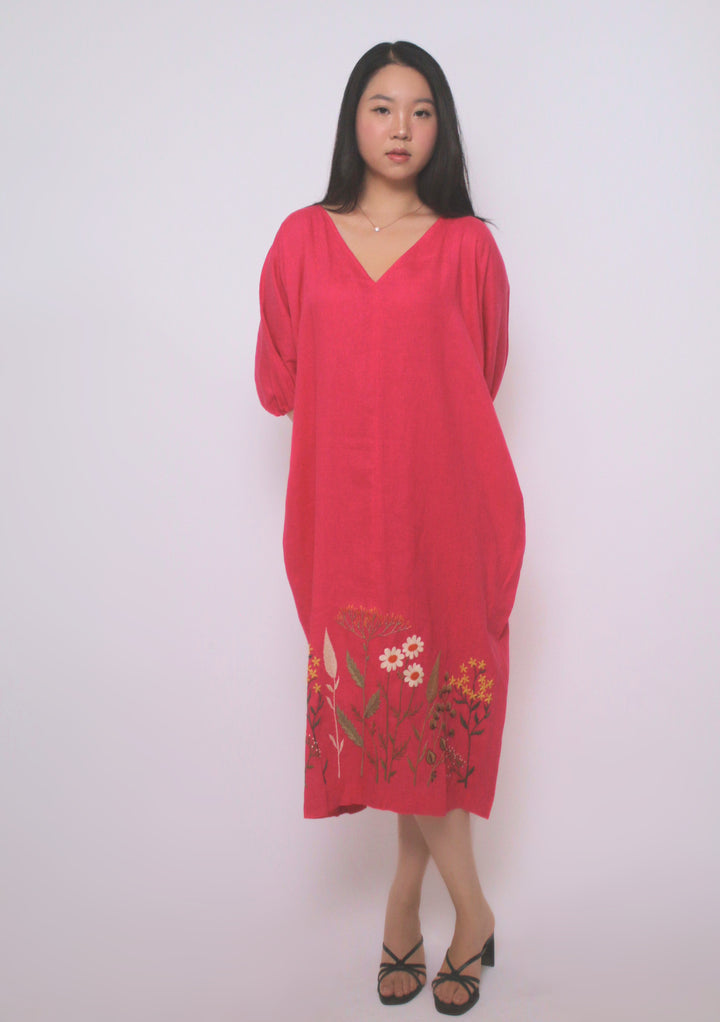 Gardena 100% Linen Maxi Dress with Embroidery