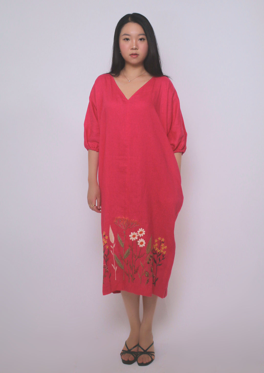 Gardena 100% Linen Maxi Dress with Embroidery