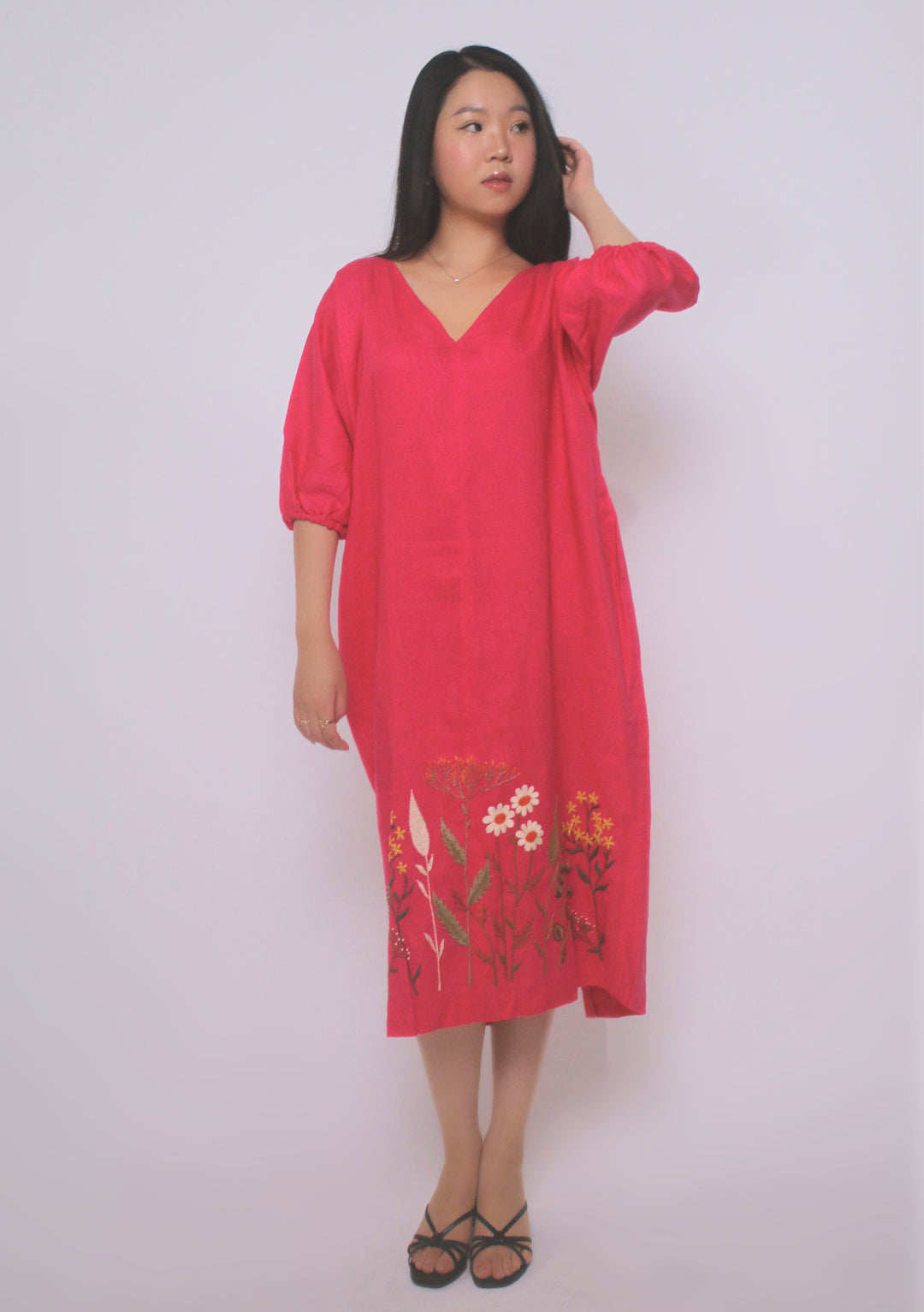 Gardena 100% Linen Maxi Dress with Embroidery