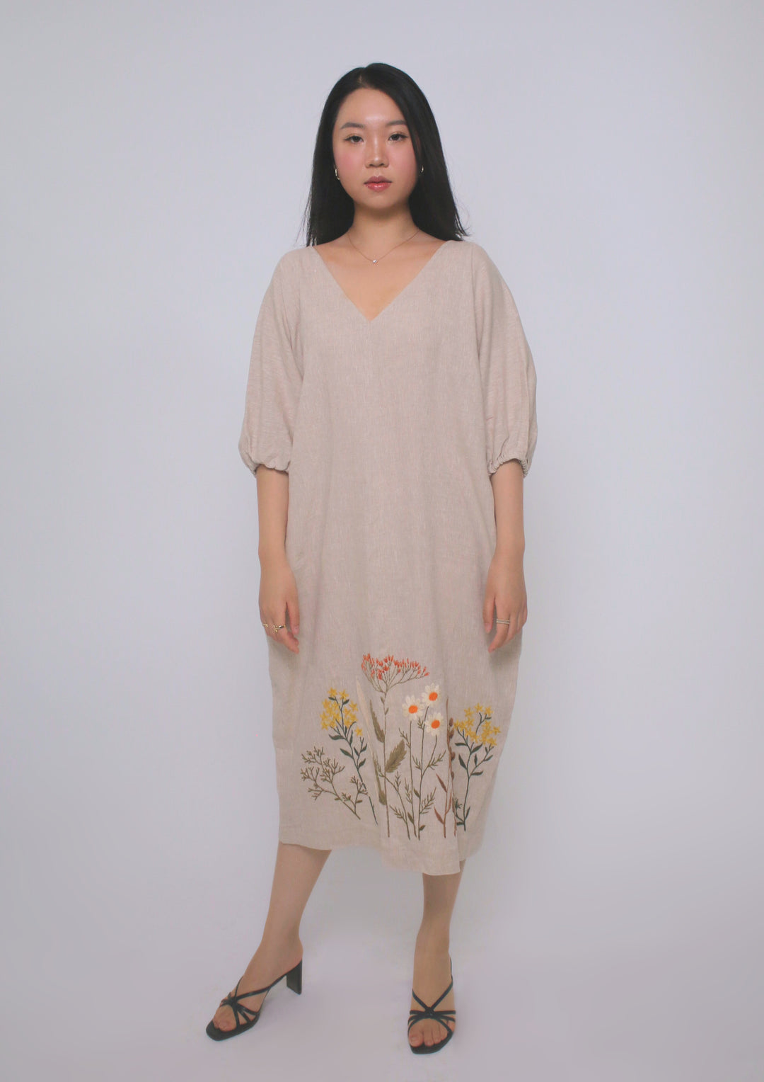 Gardena 100% Linen Maxi Dress with Embroidery