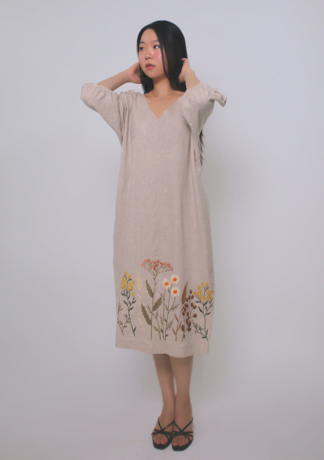 Gardena 100% Linen Maxi Dress with Embroidery