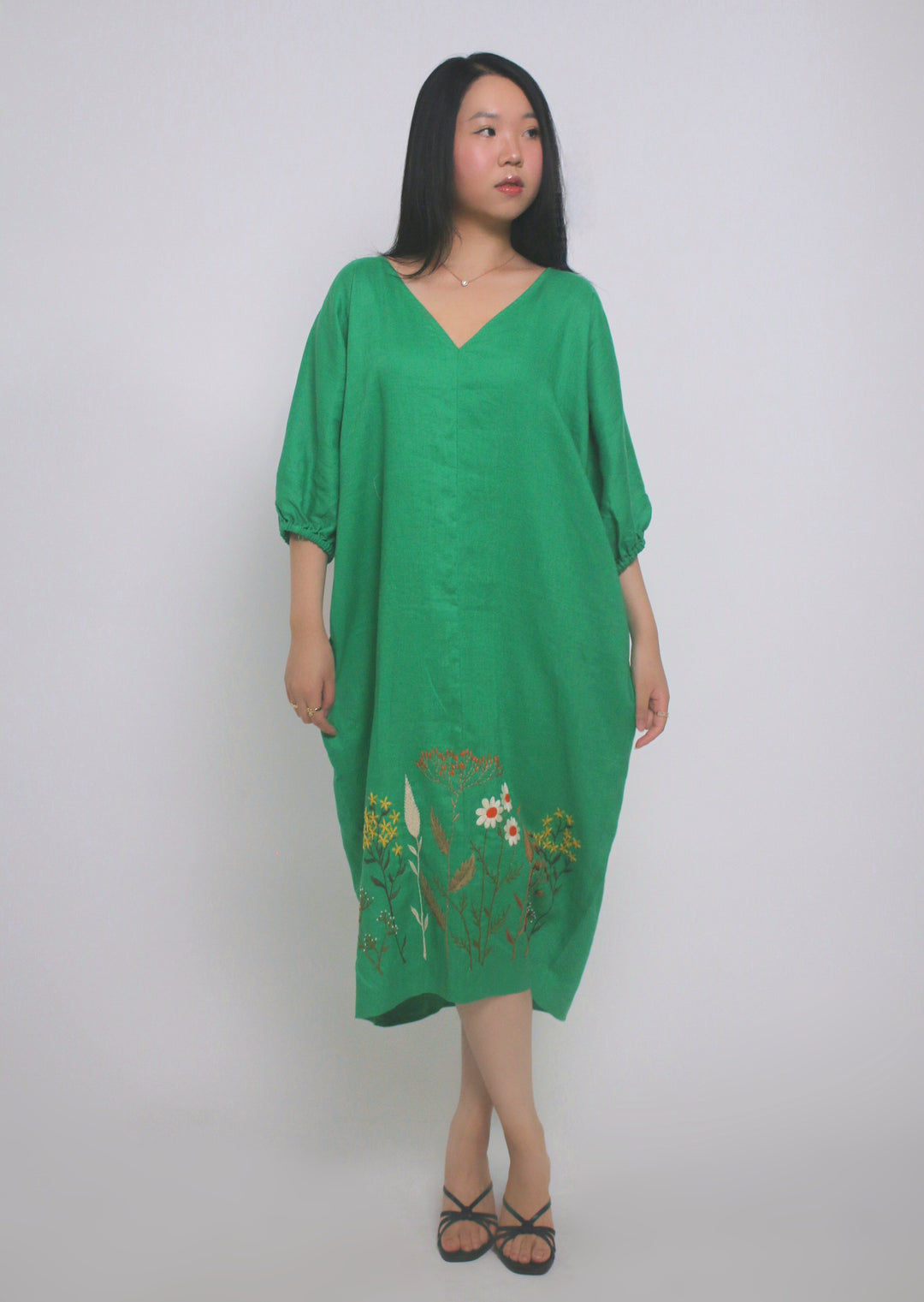 Gardena 100% Linen Maxi Dress with Embroidery