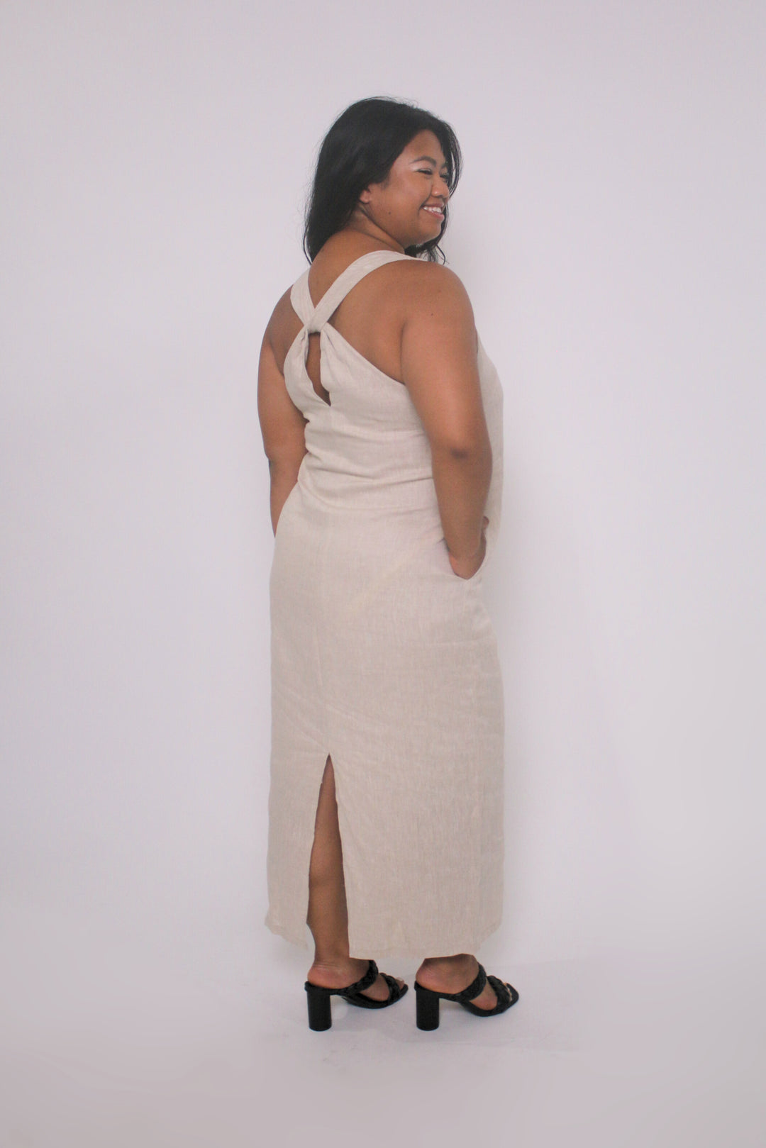 paige linen dress Paige Waisted Midi Dress In Buff